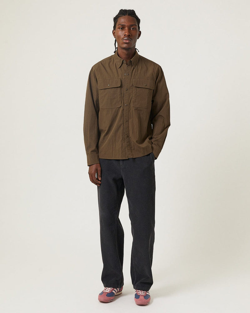 Crinkled Cotton Nylon Shirt - Brown-LS-Black Q-Corridor