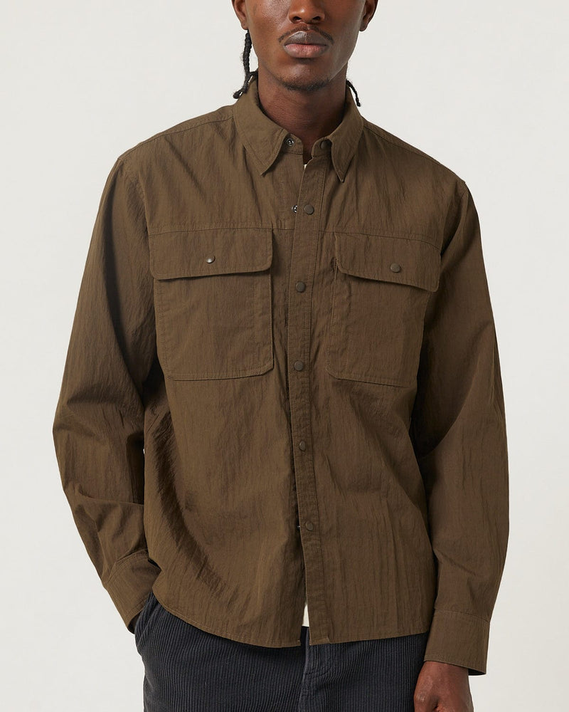 Crinkled Cotton Nylon Shirt - Brown-LS-Black Q-Corridor