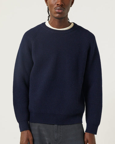 Wool Cashmere Ribbed Crewneck - Navy