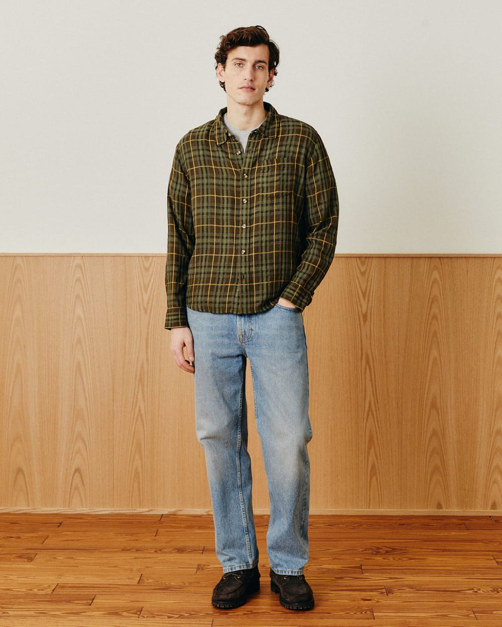 Crinkle Plaid LS - Olive-LS w/ 1 Chest Pocket-Original Madras Trading Co. (OMTC)-Corridor