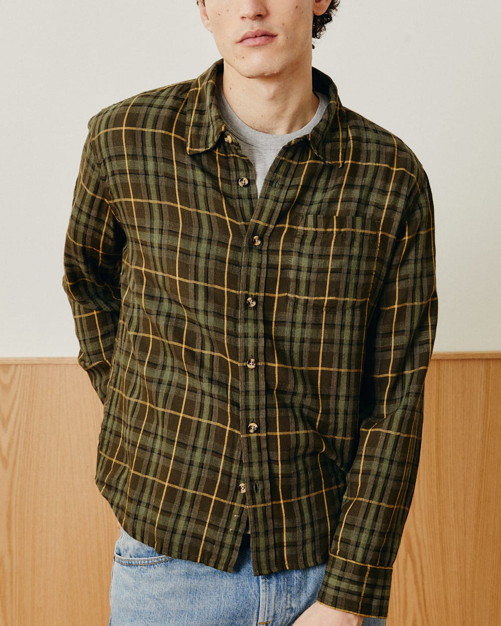 Crinkle Plaid LS - Olive-LS w/ 1 Chest Pocket-Original Madras Trading Co. (OMTC)-Corridor