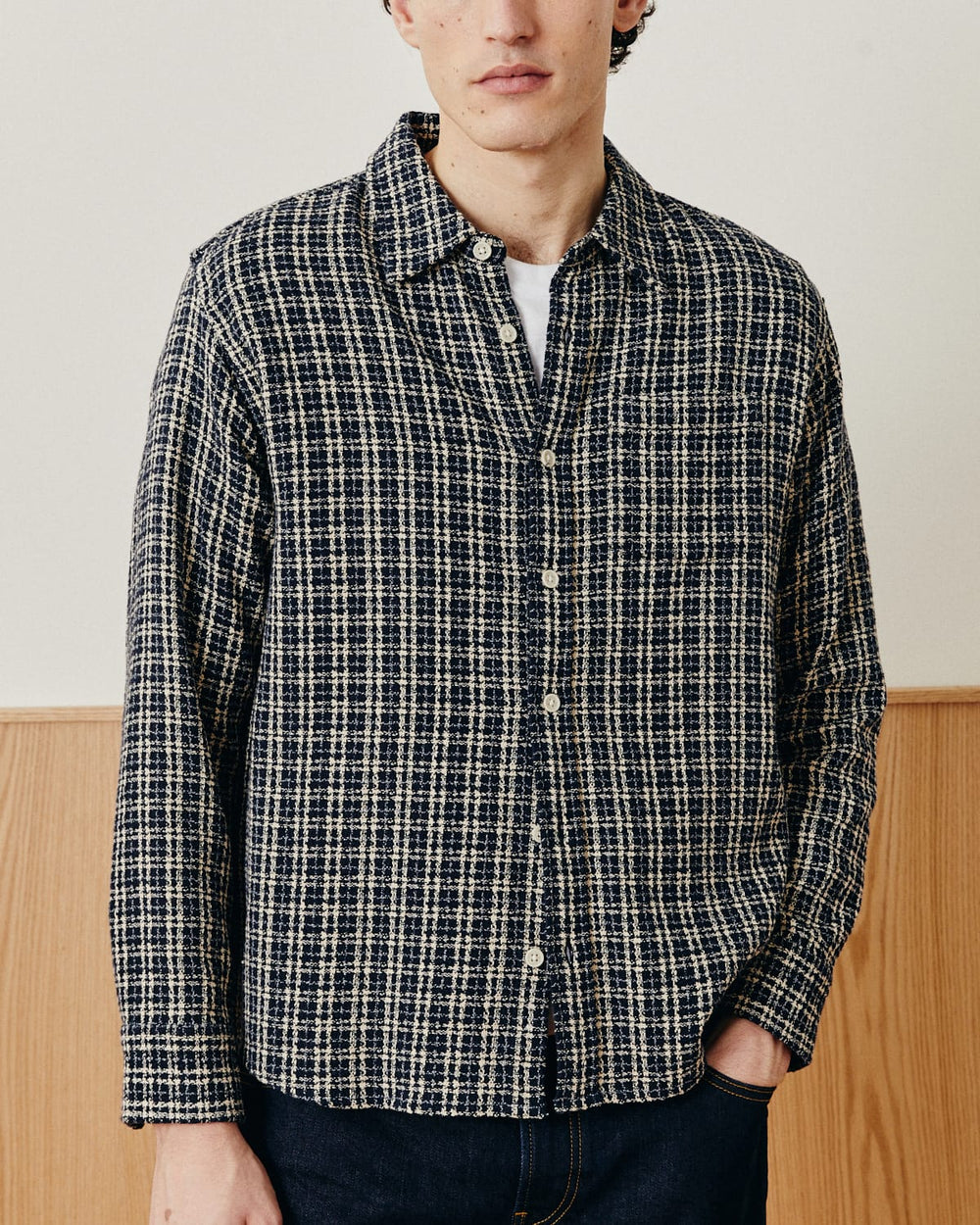 Reverse Tweed Snow Check - Blue-Long Sleeve Shirt-Original Madras Trading Co. (OMTC)-Corridor