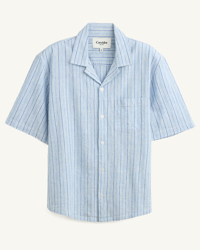Linen Broadstripe SS - Blue-Short Sleeve Shirt-Ekviraa Designs-Corridor