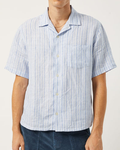 Linen Broadstripe SS - Blue-Short Sleeve Shirt-Ekviraa Designs-Corridor