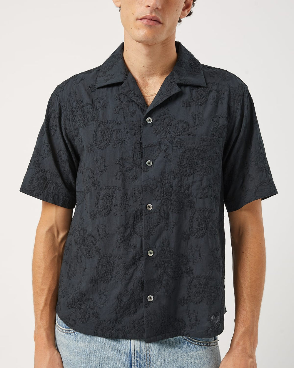 Paisley Embroidery SS - Black-Short Sleeve Shirt-Black Q-Corridor