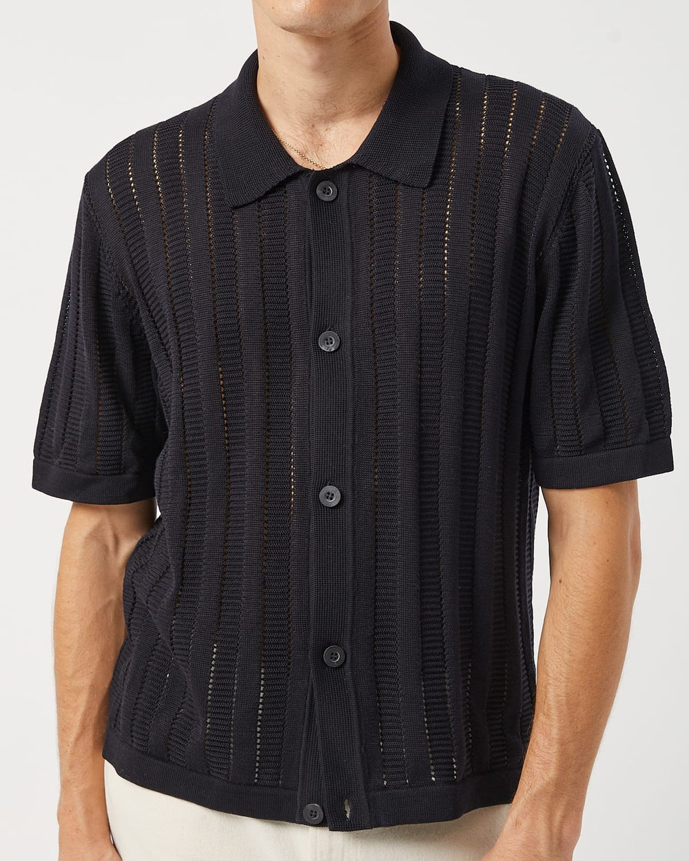 Pointelle Stripe Buttondown - Black-Knit Polo-Alpafina-Corridor
