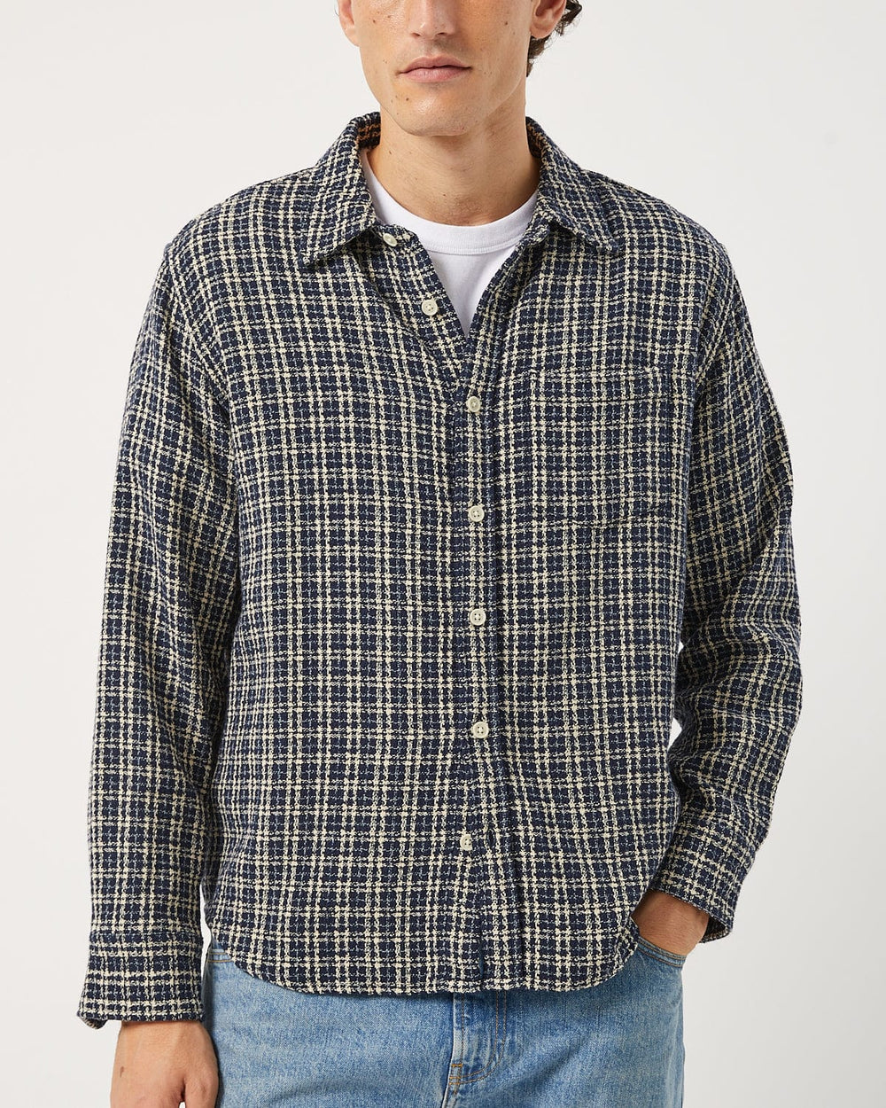 Reverse Tweed Snow Check - Blue-LS w/ 1 Chest Pocket-Original Madras Trading Co. (OMTC)-Corridor