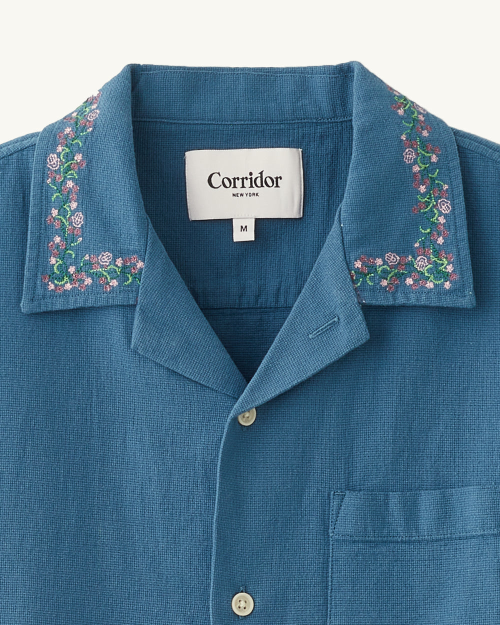 Hopsack Embroidered SS Camp - Blue-Short Sleeve Shirt-Corridor-Corridor