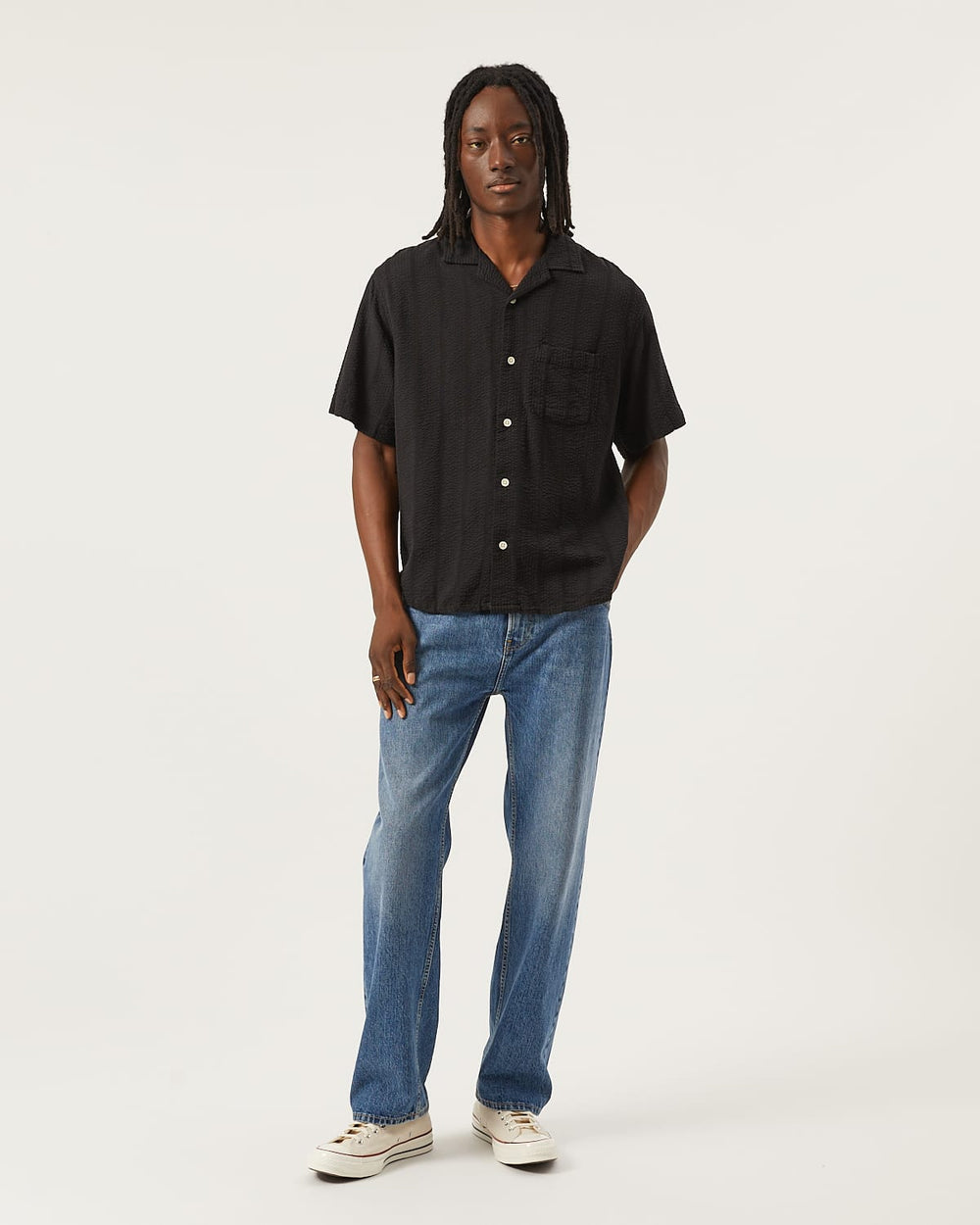 Striped Seersucker SS - Black-SS w/ Camp Collar-Original Madras Trading Co. (OMTC)-Corridor