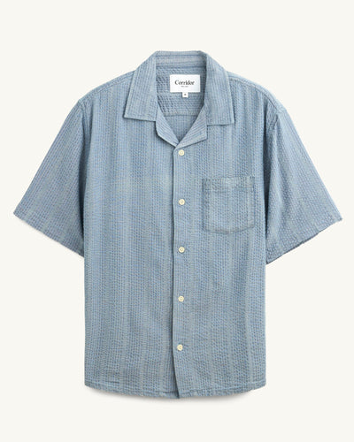 Striped Seersucker SS - Indigo-SS w/ Camp Collar-Original Madras Trading Co. (OMTC)-Corridor