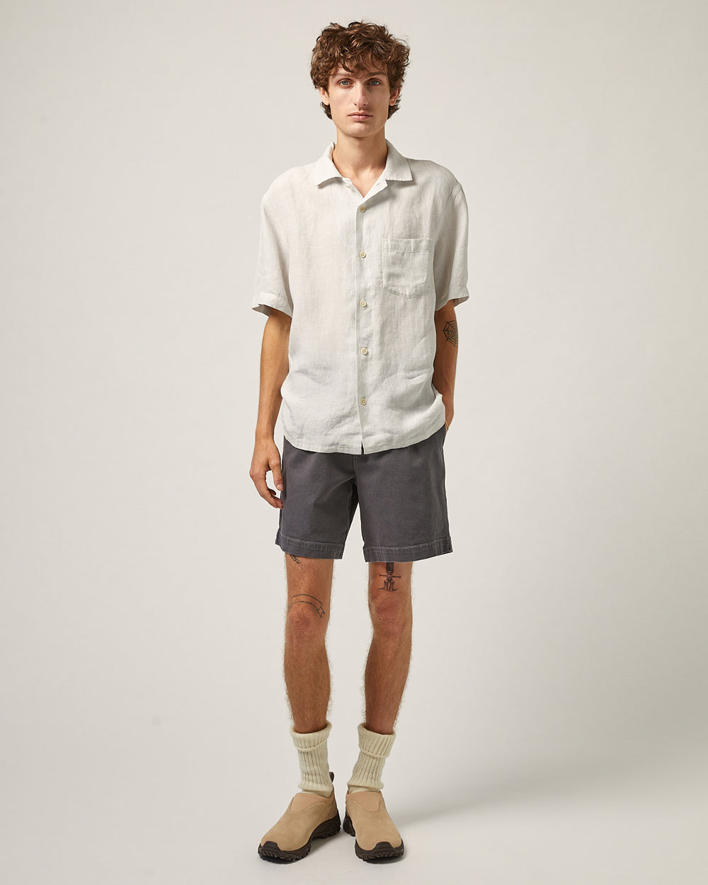 Linen Stripe SS Camp - Grey-Short Sleeve Shirt-Corridor-Corridor