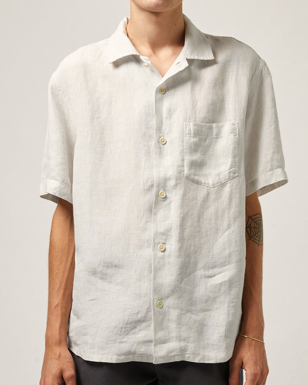 Linen Stripe SS Camp - Grey-Short Sleeve Shirt-Corridor-Corridor