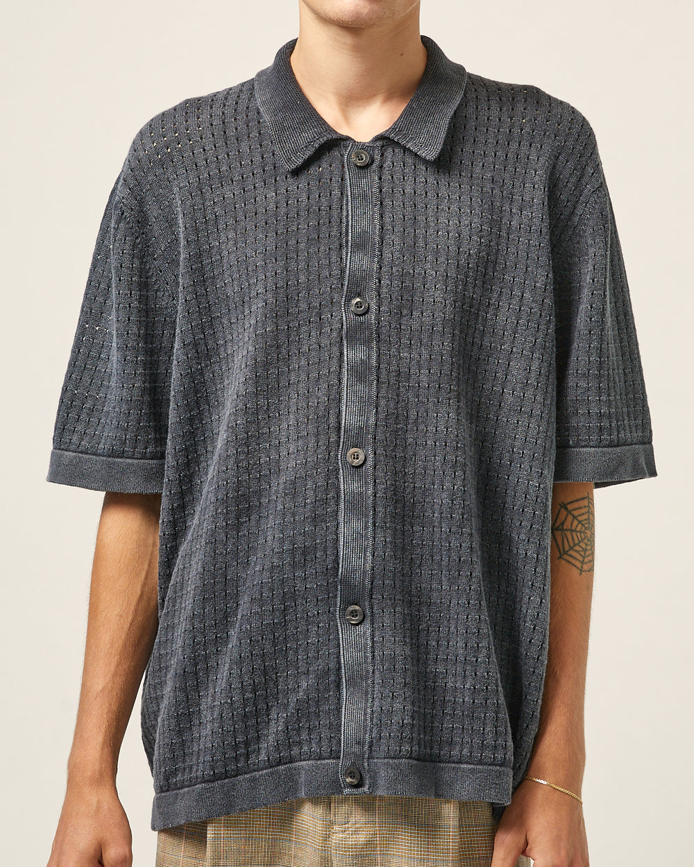 Washed Pointelle Buttondown - Black-Knit Buttondown-Corridor-Corridor